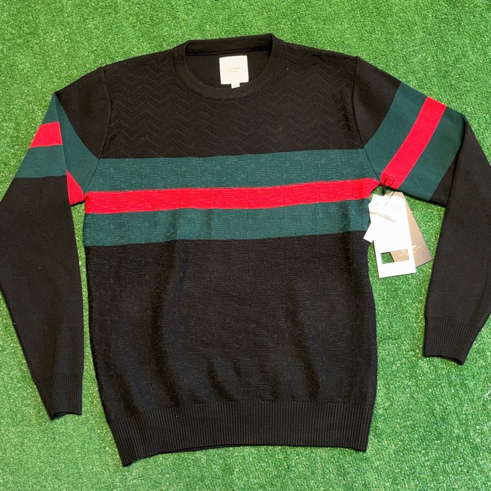 NWT Six Lincoln Men's Black Sweater with Red and Green Stripes